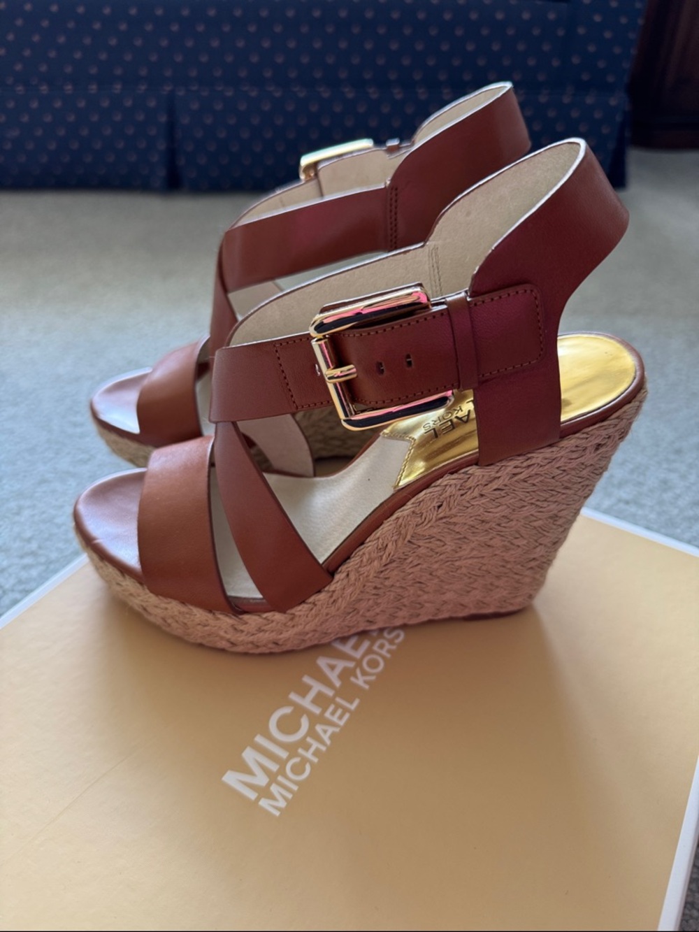MICHAEL Michael Kors Brown Leather Espadrille Wedge Sandals with Gold Buckle